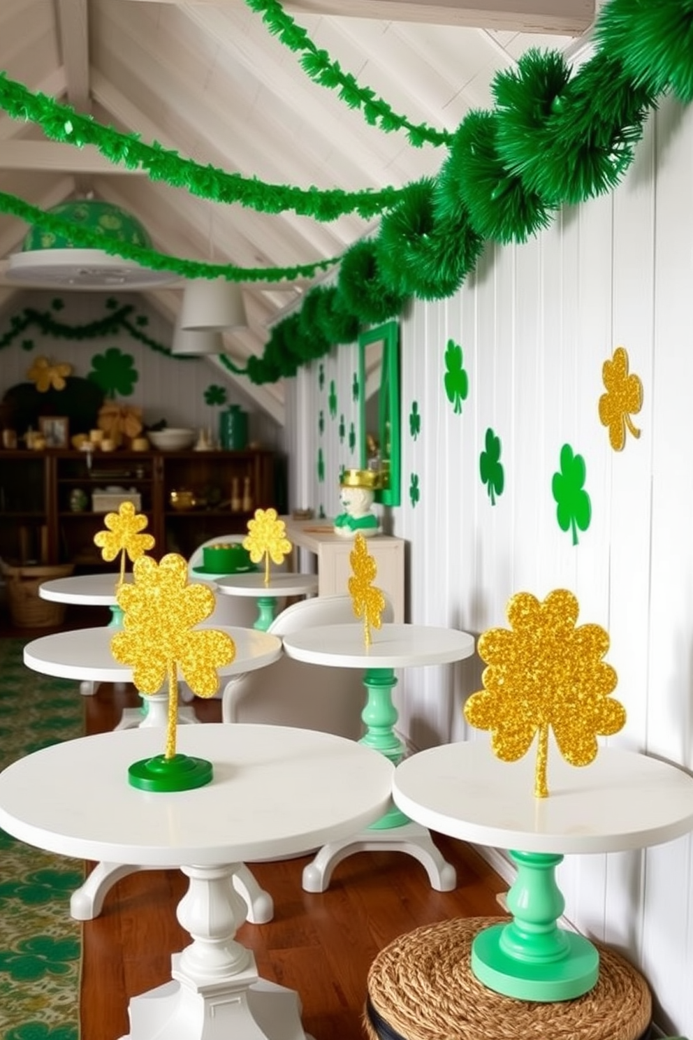 A festive attic setting adorned with gold glittered shamrocks on various tabletops. The walls are decorated with green and white accents, creating a cheerful atmosphere for St. Patrick's Day celebrations.