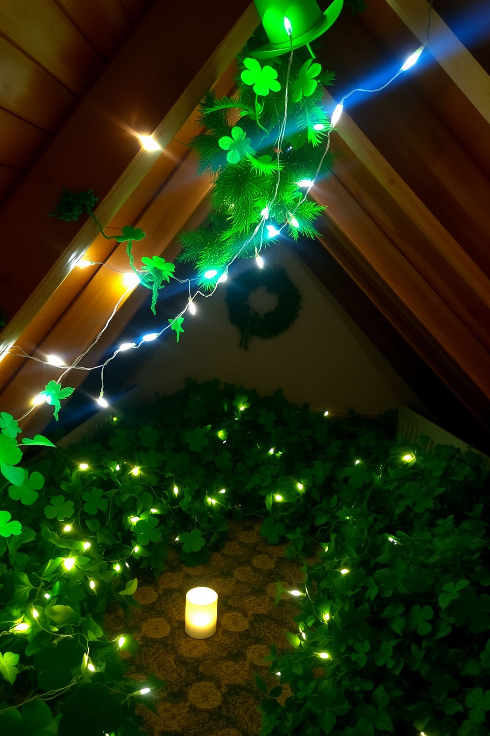 A charming attic space adorned with lucky horseshoe decorations on the walls. The horseshoes are painted in vibrant shades of green and gold, creating a festive atmosphere for St. Patrick's Day.