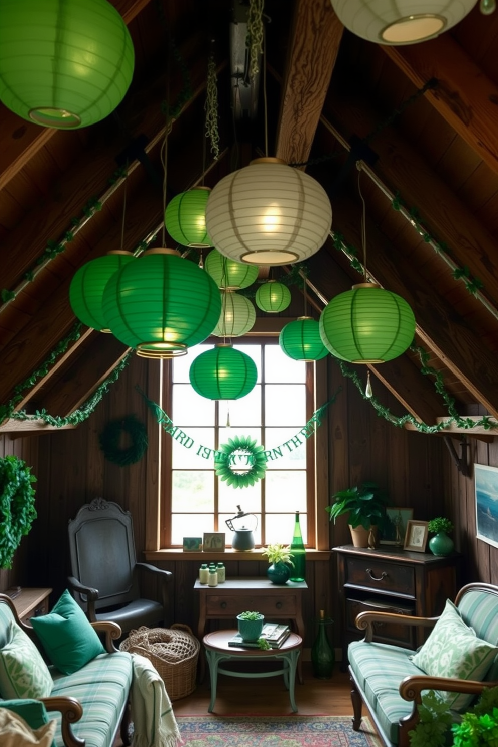 Create a cozy attic space decorated for St. Patrick's Day. The room features hanging paper lanterns in various shades of green, casting a warm glow over the rustic wooden beams and vintage furniture.