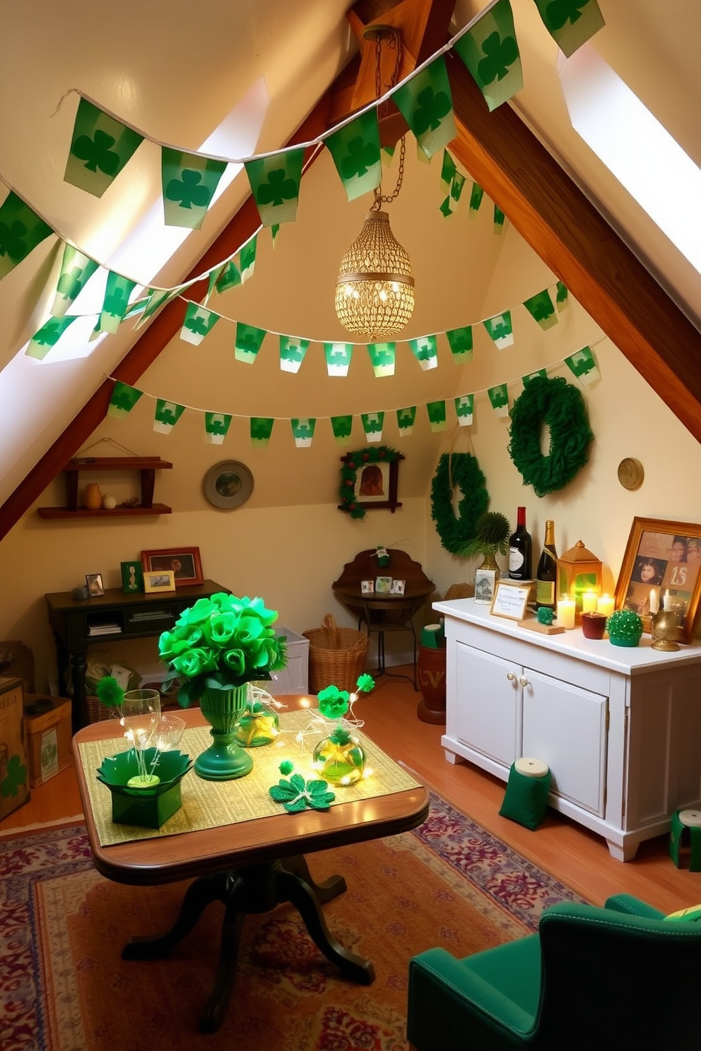 A cozy attic space adorned with Irish flag bunting creating a festive atmosphere. The walls are painted in soft pastels, and the floor is covered with a warm, inviting rug. Vintage decorations celebrating St. Patrick's Day are displayed throughout the room. A small table is set up with green and gold accents, featuring shamrock centerpieces and twinkling fairy lights.