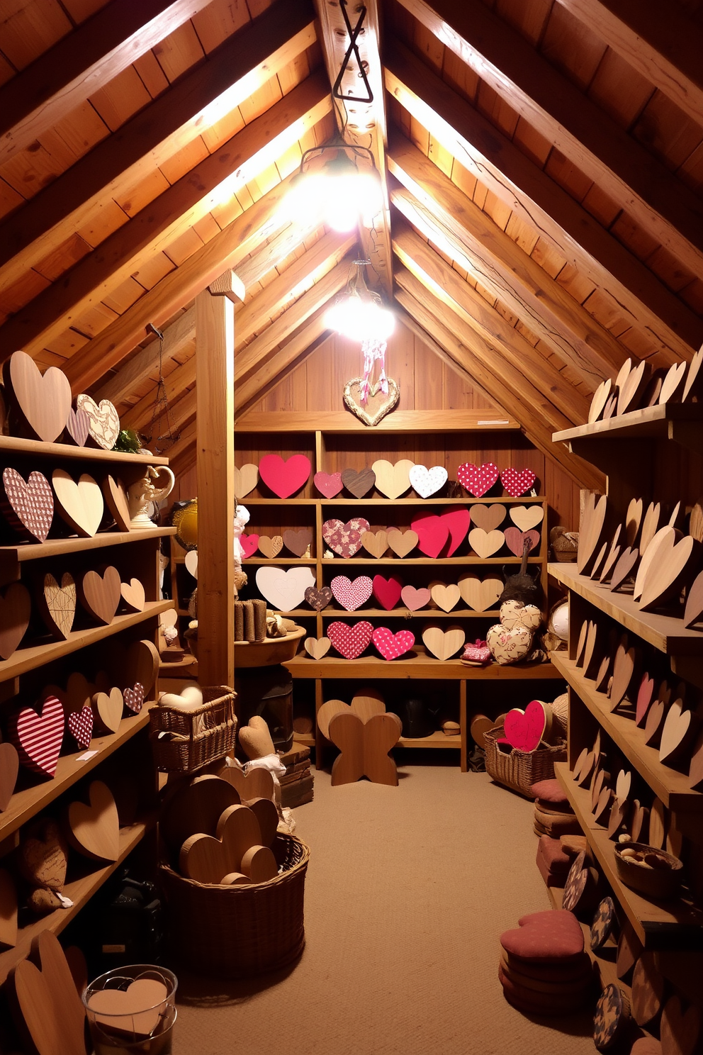 A cozy attic filled with rustic wooden hearts displayed on various shelves. The warm wooden beams and soft lighting create an inviting atmosphere perfect for Valentine's Day decorations.