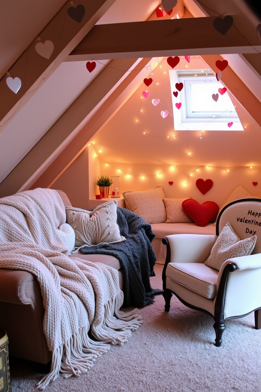 Cozy blankets are casually draped over a plush sofa and a vintage armchair, adding warmth and texture to the space. Soft, neutral tones and a variety of knitted patterns create an inviting atmosphere perfect for relaxation. The attic is transformed into a romantic retreat with whimsical Valentine's Day decorations. Heart-shaped garlands hang from the beams, while twinkling fairy lights illuminate the cozy nooks filled with cushions and seasonal accents.