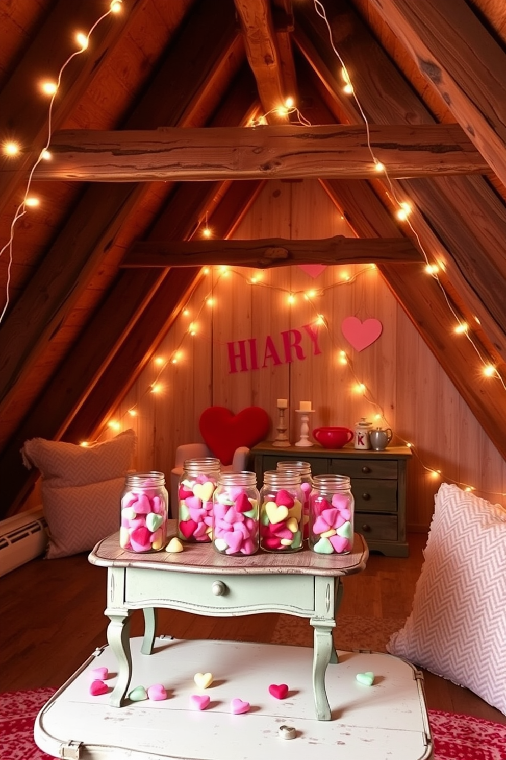 Create a cozy attic space decorated for Valentine's Day. The room features rustic wooden beams and soft fairy lights, with glass jars filled with colorful conversation hearts placed on a vintage table.