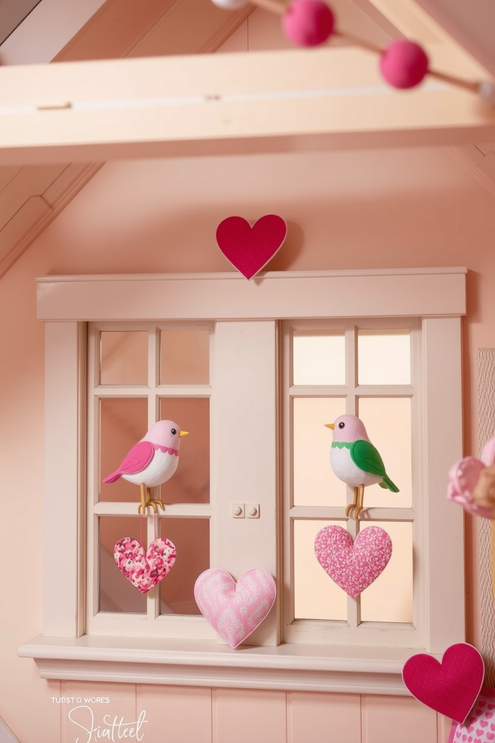 Whimsical love birds perched on charming window sills create a playful and romantic atmosphere. Soft pastel colors and heart-themed decorations enhance the cozy feel of the attic for a delightful Valentine's Day celebration.