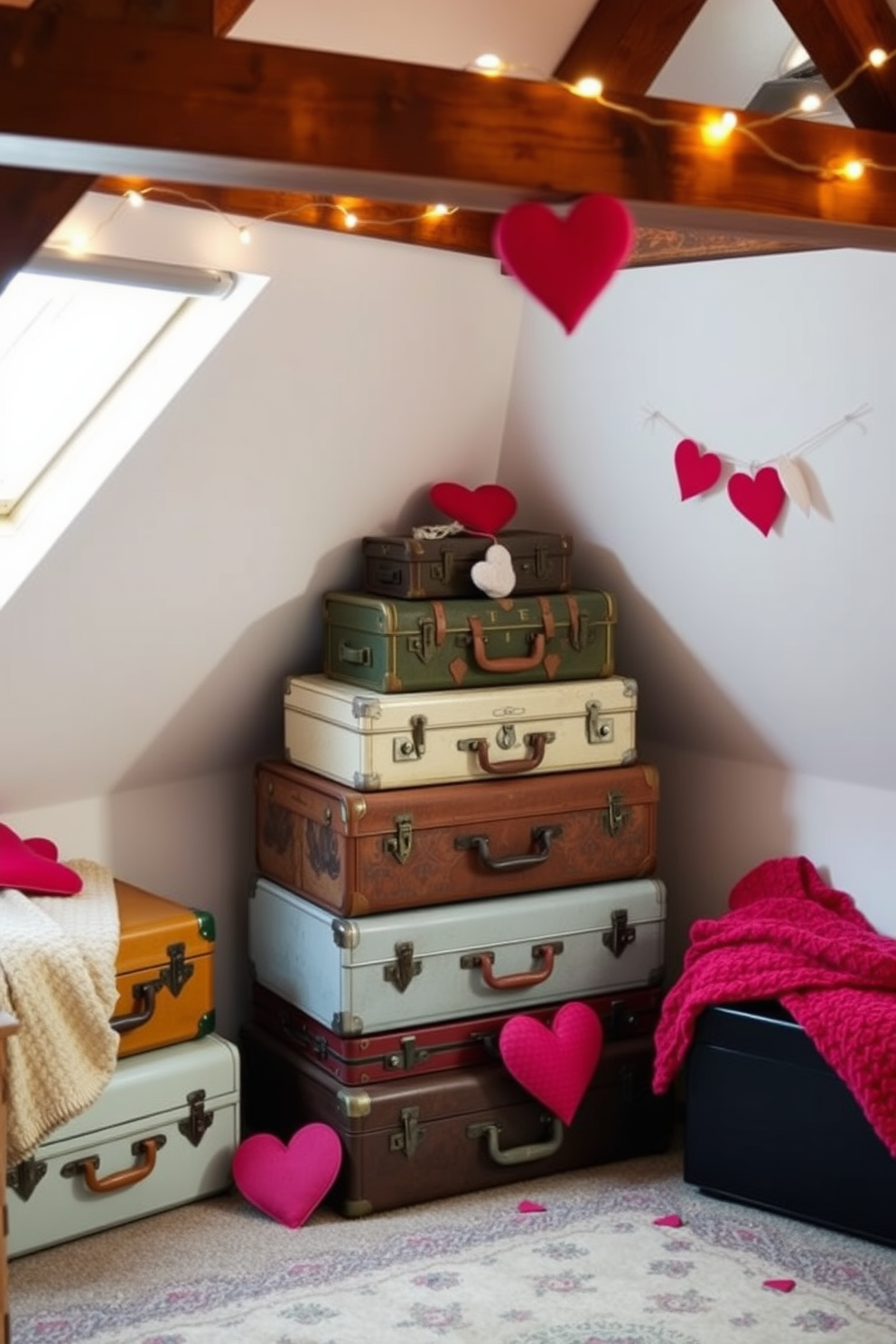 Create a cozy attic space decorated for Valentine's Day featuring heart-themed wall art and prints. The walls are adorned with various framed heart designs in soft pastel colors, while fairy lights add a warm glow to the romantic atmosphere.