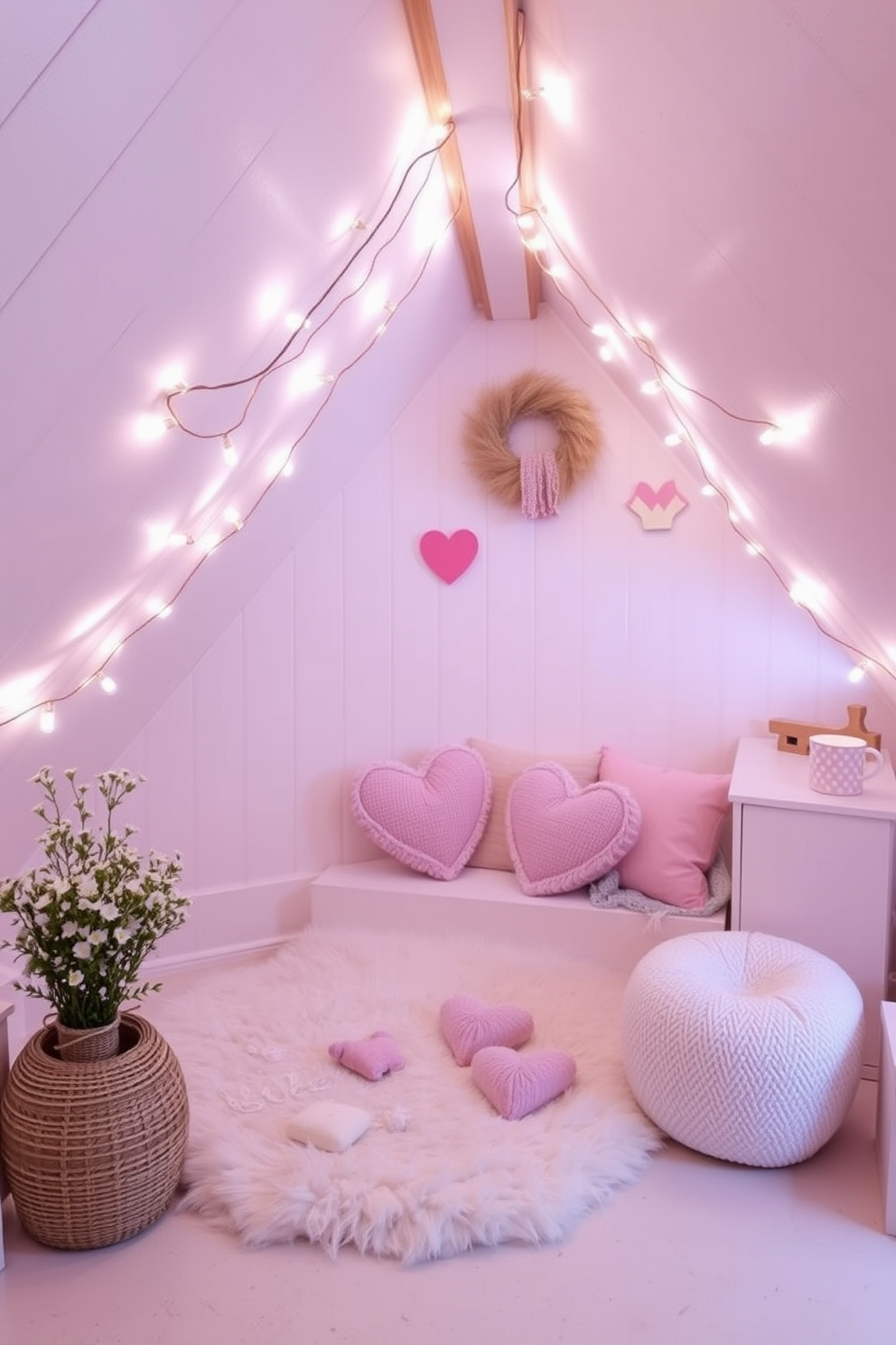 A cozy attic space decorated for Valentine's Day. Soft pastel colors fill the room with a serene vibe, featuring light pink and lavender accents throughout the decor. Delicate string lights are draped across the beams, adding a warm glow. A plush area rug sits under a small seating nook adorned with heart-shaped cushions.