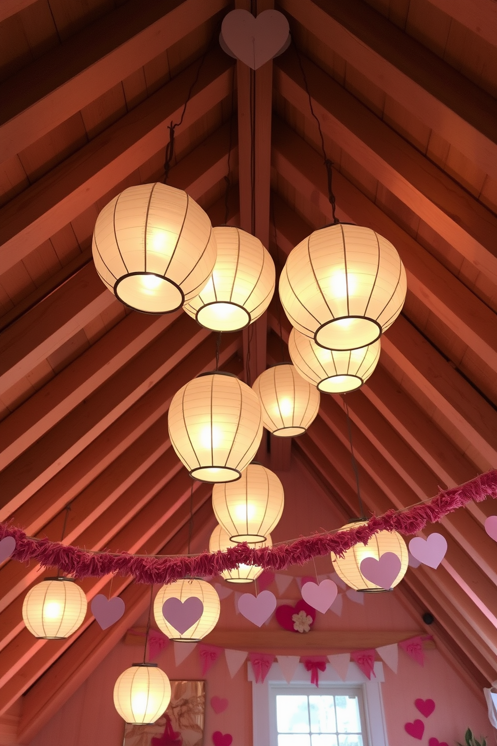 Create a cozy attic space decorated for Valentine's Day. String lights are wrapped around the wooden beams, casting a warm glow over the room.