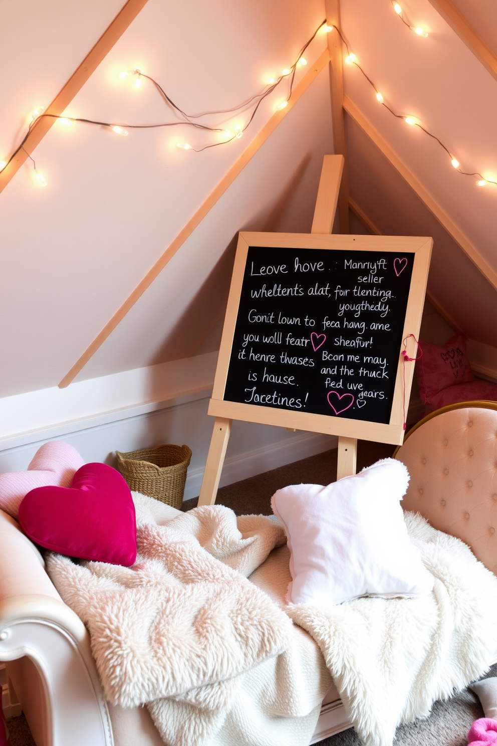 A charming attic space decorated for Valentine's Day features a large chalkboard on an easel displaying heartfelt love messages. Soft string lights hang overhead, creating a warm and inviting atmosphere, while cozy blankets and plush pillows are scattered across a vintage chaise lounge.