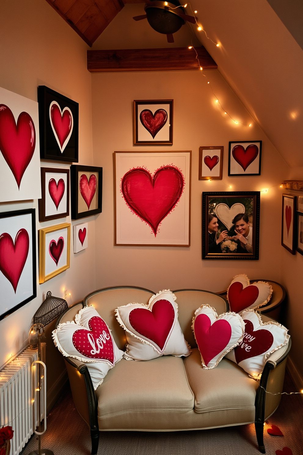 A personalized photo display of memories features a rustic wooden frame that holds a collage of family photos. The arrangement is set against a soft beige wall, with warm string lights delicately illuminating the cherished moments. Attic Valentine's Day decorating ideas include a cozy nook adorned with plush red and pink cushions. Heart-shaped garlands made of recycled paper hang from the wooden beams, creating a romantic atmosphere perfect for celebrating love.