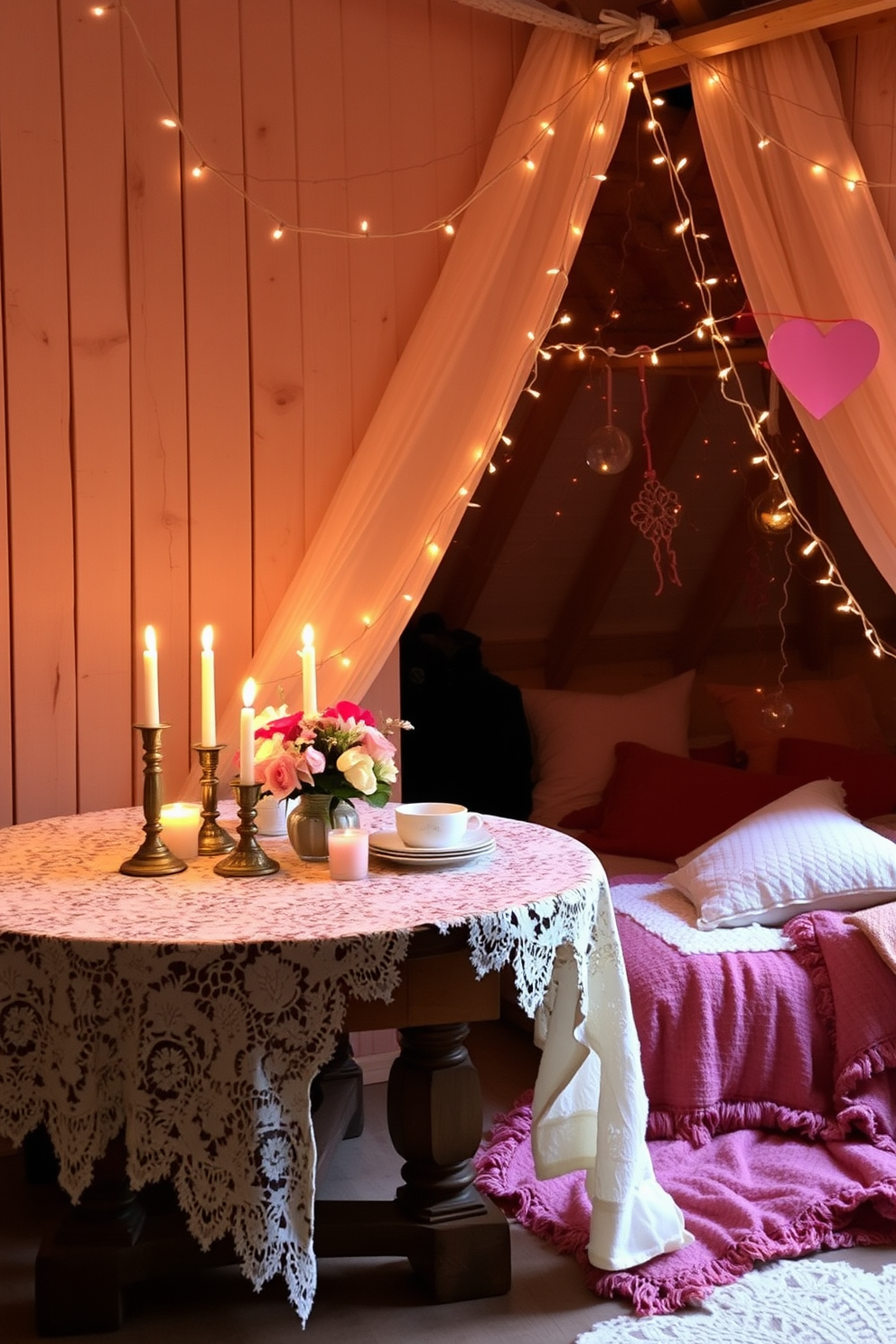 A vintage lace tablecloth drapes elegantly over a rustic wooden table, creating a romantic ambiance perfect for a cozy Valentine's Day celebration. Soft candlelight flickers on the table, illuminating delicate floral arrangements and charming vintage dinnerware. In the attic, whimsical decorations transform the space into a romantic hideaway, featuring heart-shaped garlands and fairy lights strung across the beams. Plush cushions and soft throws invite guests to relax and enjoy the intimate atmosphere.