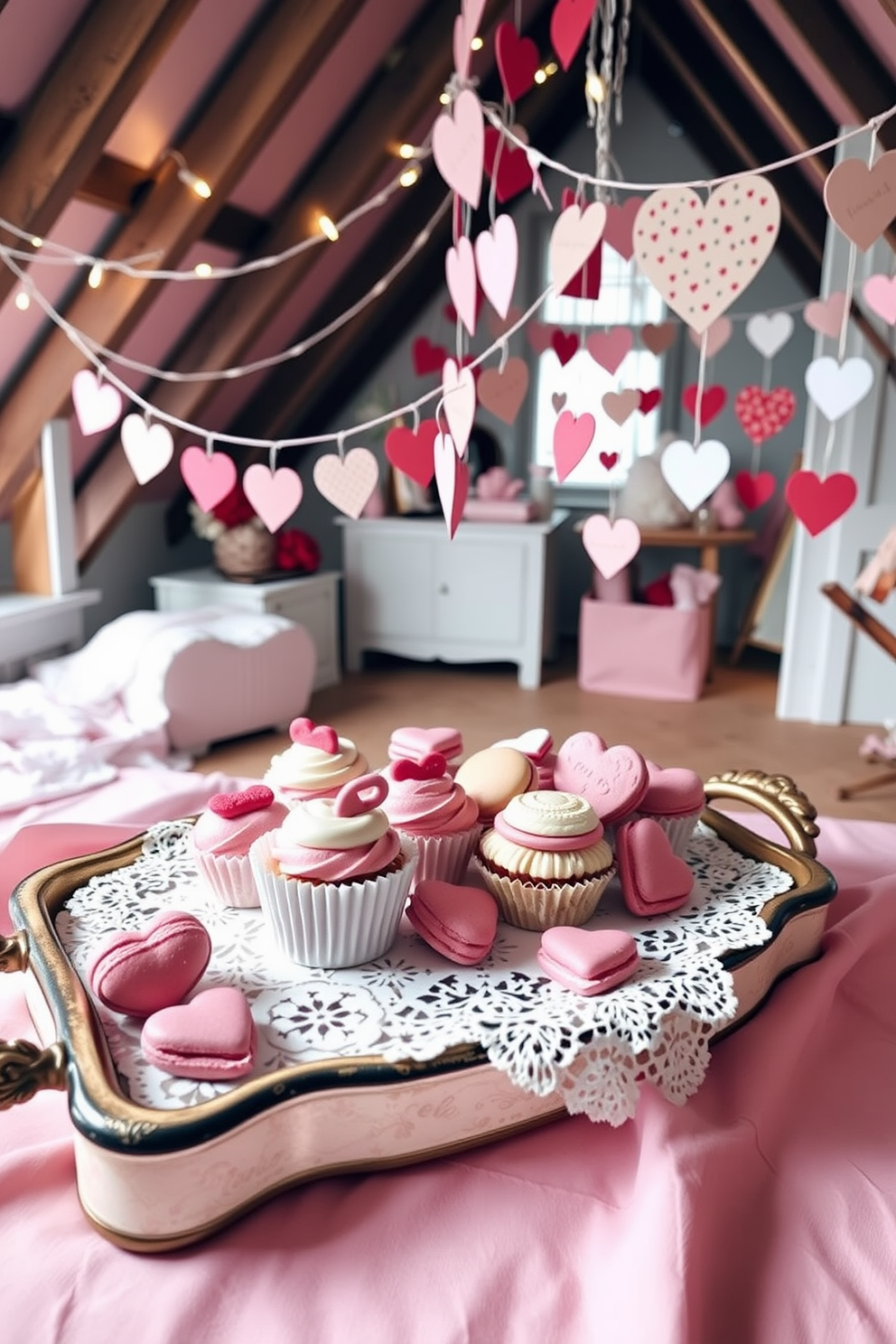 A charming assortment of sweet treats is elegantly arranged on a vintage tray, featuring an array of cupcakes, macarons, and heart-shaped cookies. The tray is adorned with delicate lace and surrounded by soft pastel colors, creating a warm and inviting atmosphere. In a cozy attic space, whimsical Valentine's Day decorations bring a festive touch to the room. String lights twinkle above, and handmade garlands of hearts hang from the beams, complementing the vintage decor and creating a romantic ambiance.