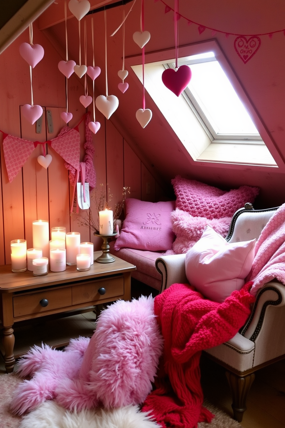 A cozy attic space adorned with charming Valentine's Day decorations. There are pastel-colored hearts hanging from the ceiling, and a collection of scented candles in various sizes placed on a rustic wooden table. The warm glow of the candles fills the room with seasonal scents, creating a romantic atmosphere. Plush cushions and soft throws in shades of pink and red are scattered across a vintage armchair, inviting relaxation.