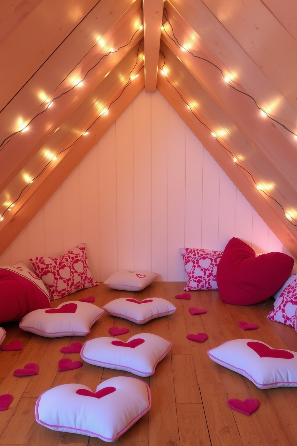 A cozy attic space adorned for Valentine's Day features heart-shaped cushions scattered across the wooden floor. Soft fairy lights drape along the beams, casting a warm glow that enhances the romantic atmosphere.