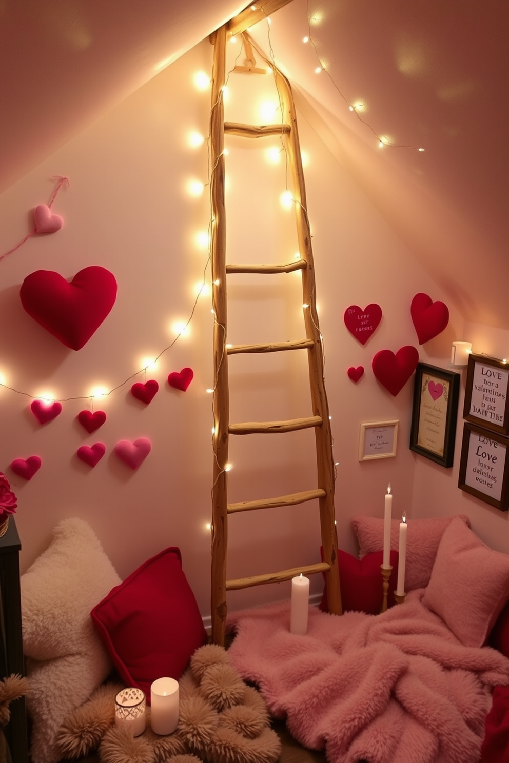 A rustic wooden ladder leans against a wall, adorned with delicate fairy lights that create a warm and inviting glow. Surrounding the ladder are various romantic decorations, including heart-shaped garlands and soft pillows in shades of red and pink. In the attic, a cozy seating area is set up with plush blankets and cushions, perfect for a Valentine's Day retreat. Vintage-inspired decor elements, such as candle holders and framed love quotes, enhance the charming atmosphere.