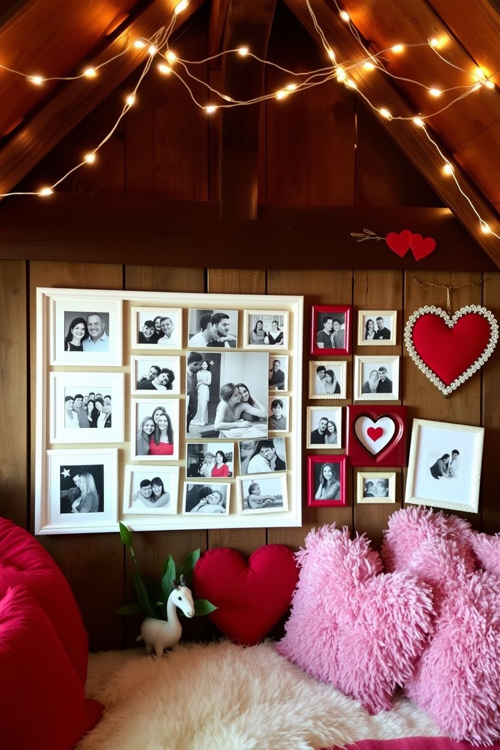 A personalized photo collage of memories features a variety of framed photographs showcasing cherished moments. The arrangement includes a mix of black and white and color images, creating a visually dynamic display on a rustic wooden wall. Attic Valentine's Day decorating ideas include soft fairy lights strung across the ceiling to create a romantic ambiance. Vintage heart-shaped decor and plush cushions in shades of red and pink add warmth and charm to the cozy space.