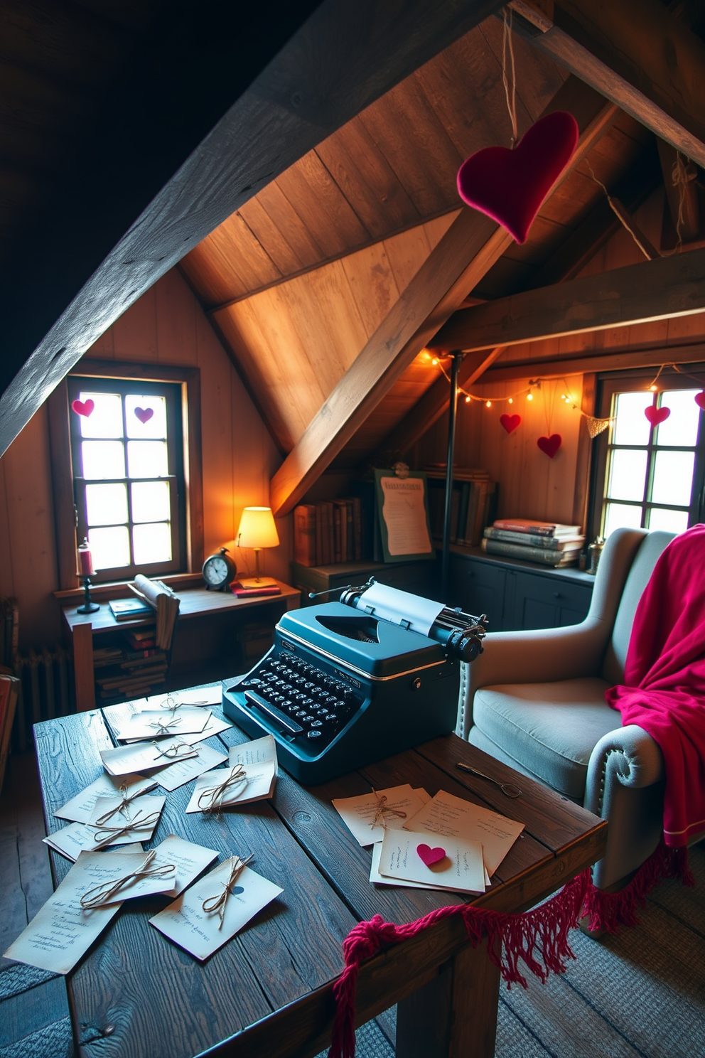 A vintage typewriter sits on a rustic wooden table, surrounded by scattered love letters tied with twine. Soft, warm light filters through the attic windows, illuminating the charming decor that celebrates Valentine's Day. Delicate heart-shaped garlands hang from the exposed beams, while a collection of antique books adds a touch of nostalgia. A cozy armchair draped with a red throw invites you to sit and read the heartfelt messages.