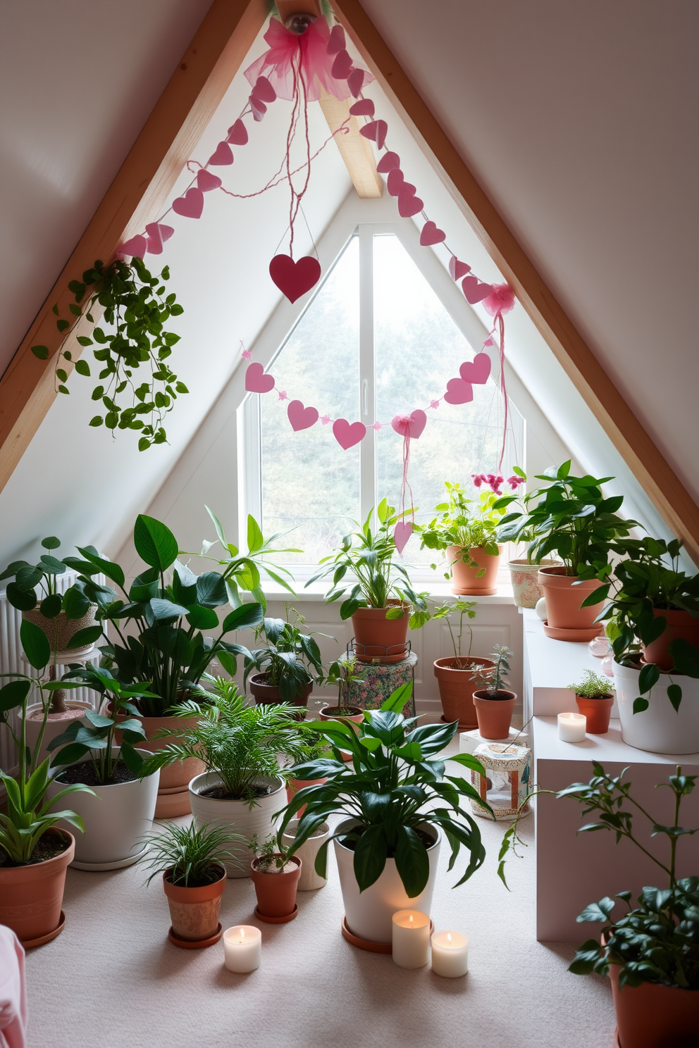 A cozy attic space filled with natural light. Various potted plants of different sizes are strategically placed around the room, adding a fresh and lively feel. Soft pastel decorations create a romantic atmosphere. Heart-shaped garlands hang from the beams, and small candles are scattered on surfaces to enhance the Valentine's Day theme.