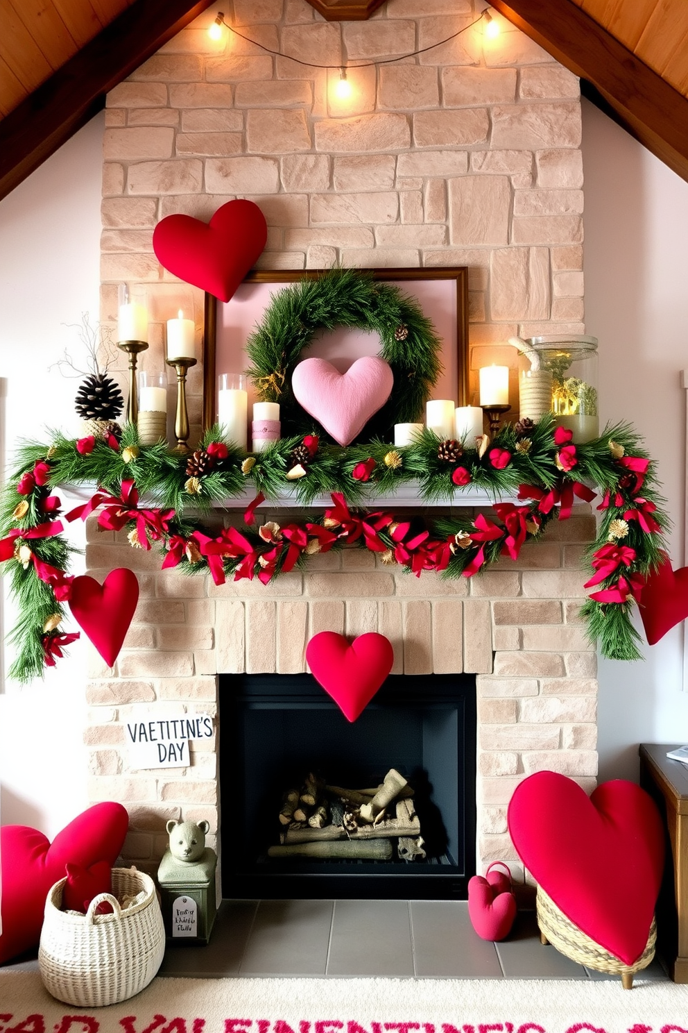 A cozy hearth adorned with seasonal decor accents. The mantle is decorated with a mix of pinecones, candles, and vibrant garlands that reflect the warmth of the season. For a charming attic, create a whimsical Valentine's Day decorating theme. Soft pink and red hues dominate the space, with heart-shaped pillows and string lights adding a romantic touch.