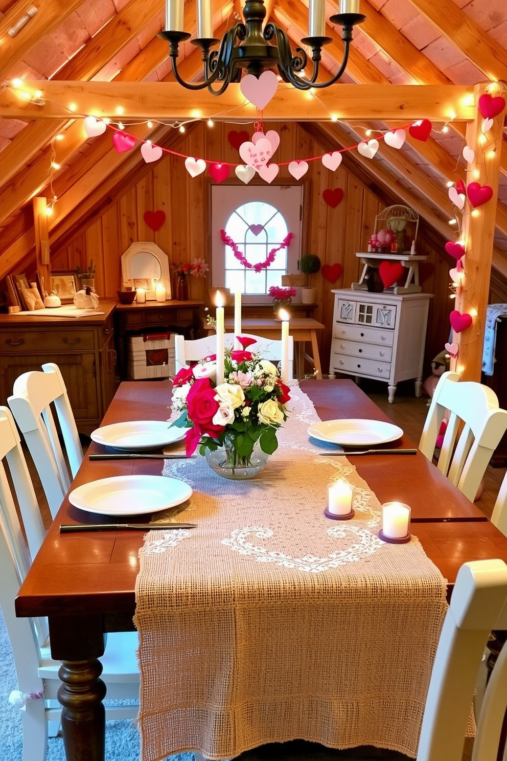 A cozy attic space transformed for Valentine's Day features soft lighting and romantic music setup. Plush cushions in shades of pink and red are scattered across a vintage chaise lounge, while fairy lights twinkle overhead, creating an inviting atmosphere. A rustic wooden table is adorned with a delicate lace tablecloth and a centerpiece of fresh roses. Heart-shaped decorations hang from the beams, and a record player softly plays love songs, enhancing the enchanting ambiance.