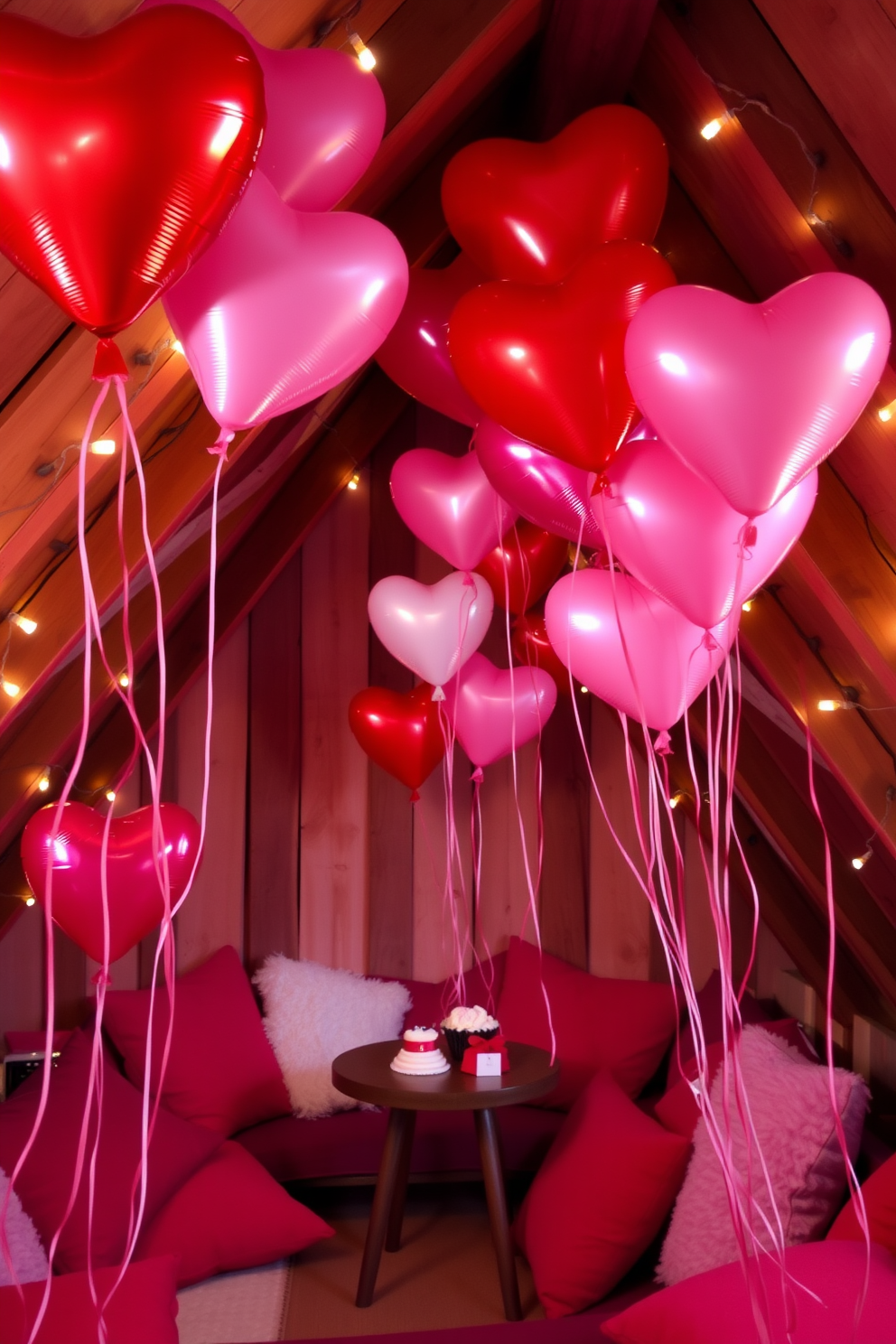 Colorful heart-shaped balloons float playfully in the air, creating a festive atmosphere for a Valentine's Day celebration. The balloons are in various shades of red, pink, and white, adding a cheerful touch to the cozy attic space. The attic is adorned with string lights that twinkle softly, enhancing the romantic ambiance. A charming seating area is set up with plush cushions and a small table, perfect for enjoying treats and drinks amidst the colorful decorations.