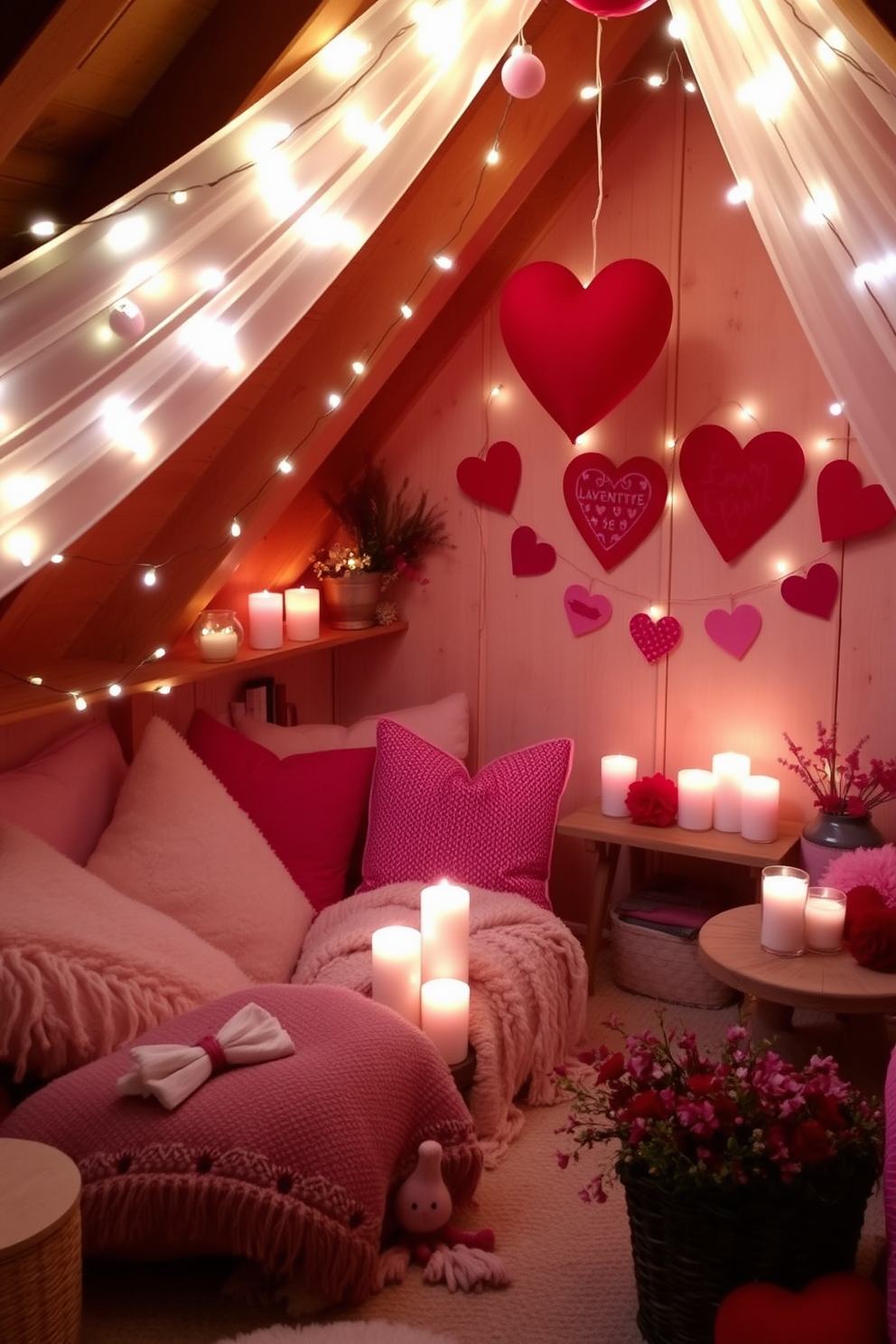 A cozy candlelit corner adorned with soft fairy lights creates a romantic atmosphere. Plush cushions and a warm throw blanket invite relaxation, while a small table holds a selection of scented candles. The attic is transformed into a whimsical space for Valentine's Day with heart-themed decorations. String lights drape across the ceiling, and vibrant red and pink accents add a festive touch to the rustic charm.