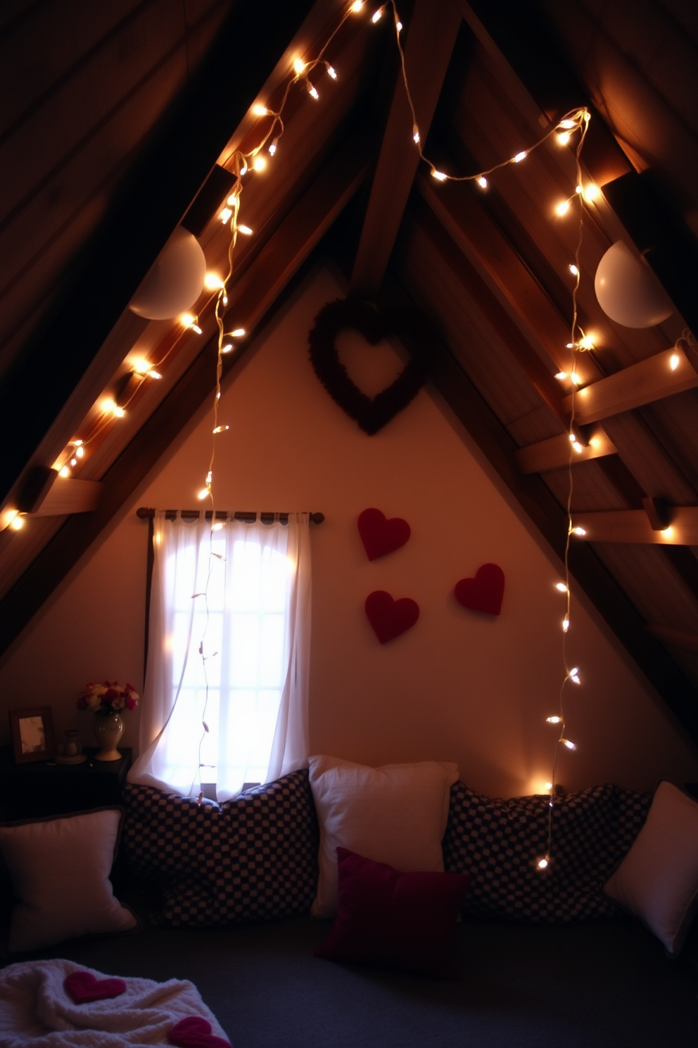 A cozy attic space adorned for Valentine's Day. Soft string lights are elegantly wrapped around exposed wooden beams, casting a warm and inviting glow throughout the room.