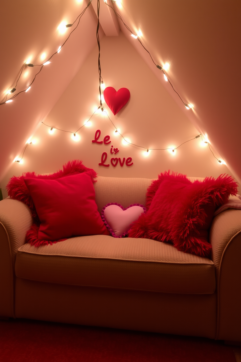 A cozy attic space decorated for Valentine's Day features a plush sofa adorned with vibrant red and pink throw pillows. Soft fairy lights twinkle overhead, creating a warm and inviting atmosphere perfect for celebrating love.