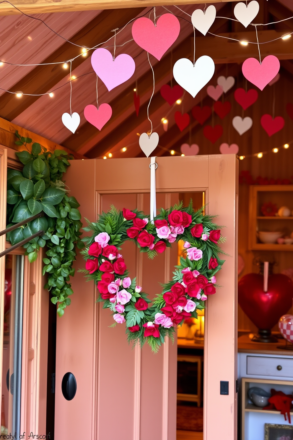 A charming heart-shaped wreath adorns the front door, crafted from vibrant red and pink flowers intertwined with lush greenery. The entrance is warmly inviting, setting the tone for a cozy and romantic atmosphere. Inside the attic, whimsical Valentine's Day decorations create a festive ambiance. Delicate string lights twinkle above, while handmade paper hearts dangle from the ceiling, complementing the rustic charm of the space.