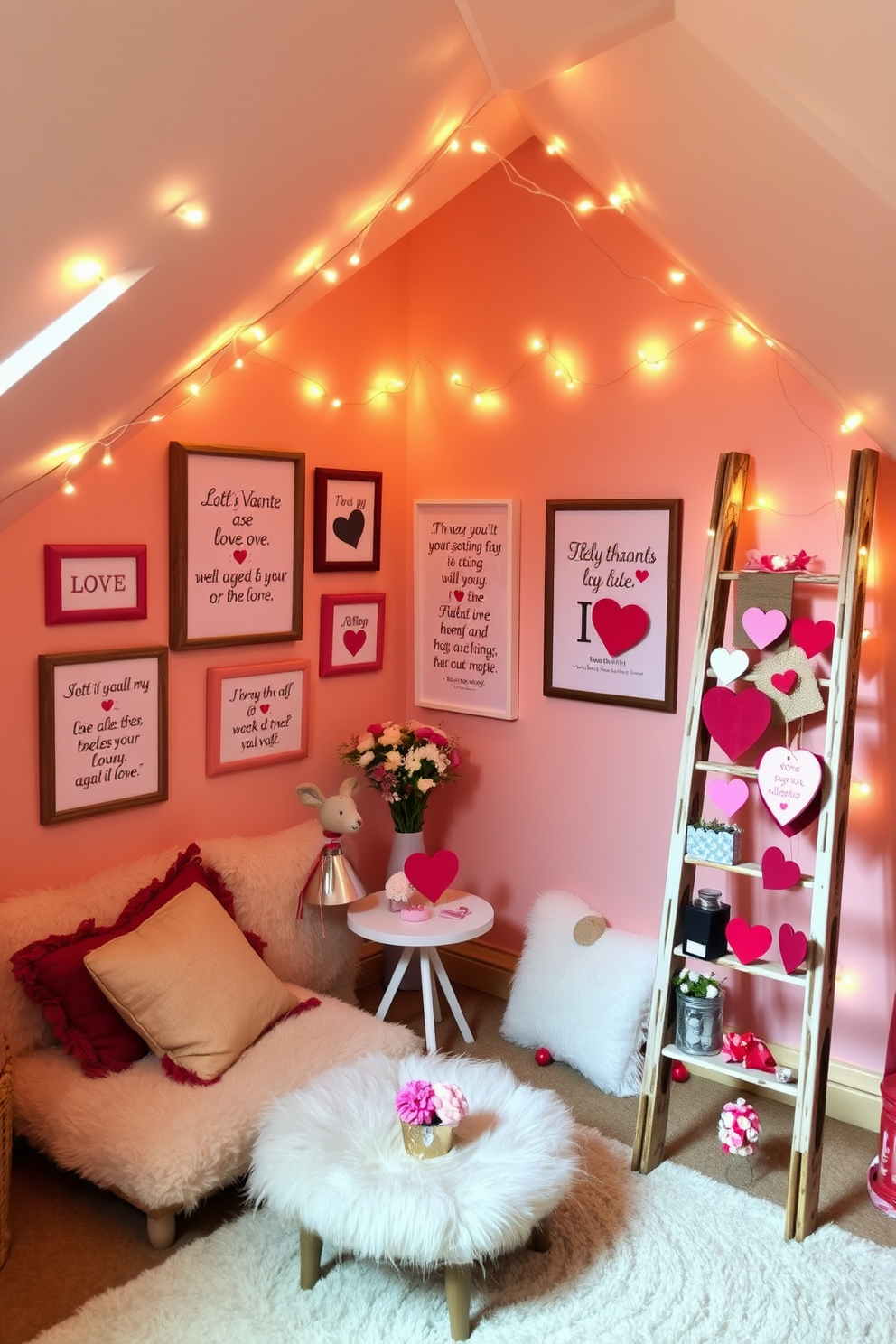 A cozy attic space adorned with framed love quotes on the walls, creating an intimate atmosphere. Soft fairy lights twinkle overhead, complementing the warm hues of the decor. The room features a charming seating area with plush cushions and a small coffee table decorated with heart-shaped trinkets. A vintage ladder leans against the wall, showcasing handmade Valentine's Day crafts and decorations.