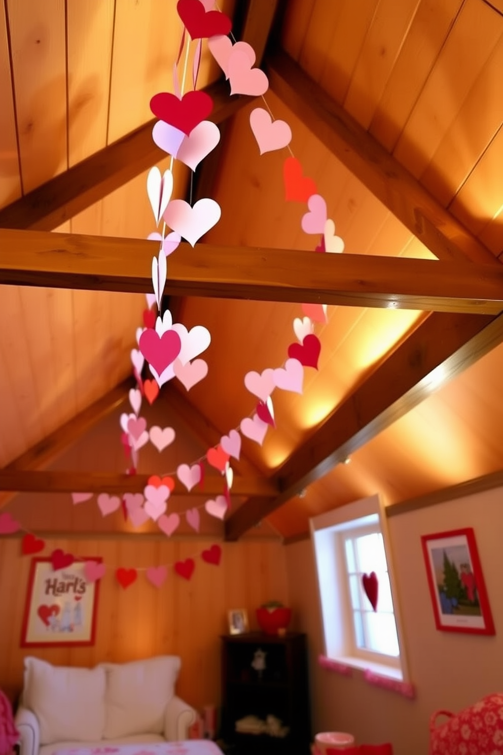 A charming attic space adorned with a DIY paper heart garland draped gracefully across the wooden beams. The warm, soft lighting creates a cozy atmosphere, while colorful heart-shaped decorations add a festive touch to the room.