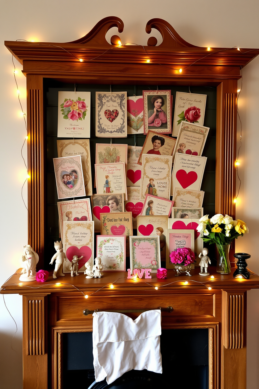 Charming vintage cards displayed on a beautifully crafted wooden mantel. The cards are arranged in a delightful collage, showcasing intricate designs and heartfelt messages that evoke nostalgia and warmth. The mantel is adorned with soft fairy lights that add a cozy glow to the room. Surrounding the cards are small decorative items like antique figurines and fresh flowers, enhancing the romantic atmosphere for Valentine's Day.