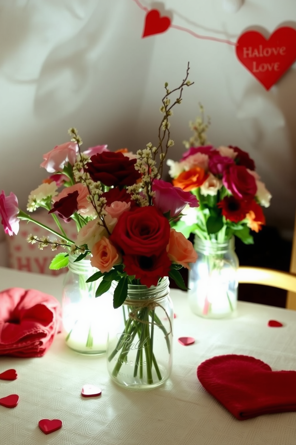 Floral arrangements in mason jars create a charming and rustic atmosphere. The vibrant blooms are artfully arranged, showcasing a mix of colors and textures that enhance the overall decor. Attic Valentine's Day decorating ideas transform the space into a romantic retreat. Soft lighting, heart-themed accents, and cozy textiles create an inviting ambiance perfect for celebrating love.