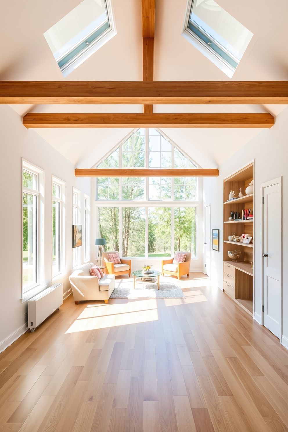 A cozy attic space featuring natural wood frames that enhance the rustic charm of the room. Sunlight streams through the large attic window, illuminating the warm wooden beams and creating a welcoming atmosphere. The room is adorned with comfortable seating and soft textiles that invite relaxation. A small wooden table sits near the window, perfect for enjoying a morning coffee while taking in the view.