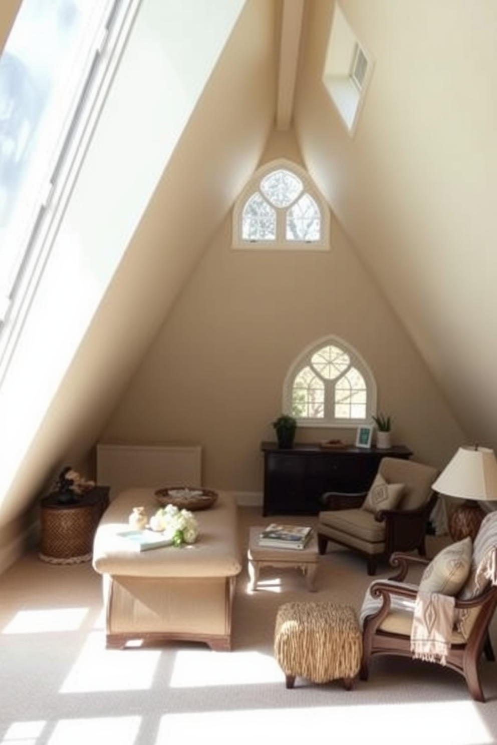 A bright and airy attic space featuring transom windows that allow natural light to flood in. The design incorporates soft, neutral colors and cozy furniture to create a welcoming atmosphere. Unique attic window designs that enhance the character of the room while maximizing light. Consider using arched or triangular windows to complement the sloped ceiling and create visual interest.