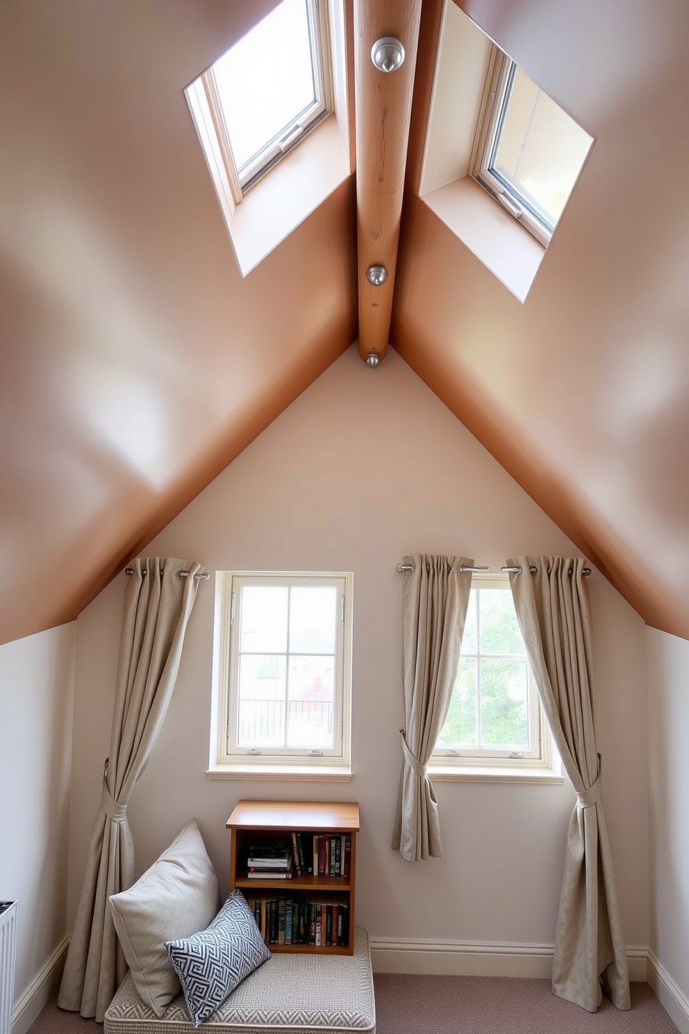 A cozy attic space features painted window frames in a vibrant blue, adding a cheerful pop of color to the room. The large windows allow natural light to flood in, highlighting the rustic wooden beams and soft, neutral furnishings. In the corner, a comfortable reading nook is created with a plush armchair and a small side table, perfect for enjoying the view outside. The walls are adorned with light pastel shades, complementing the colorful window frames and enhancing the inviting atmosphere.