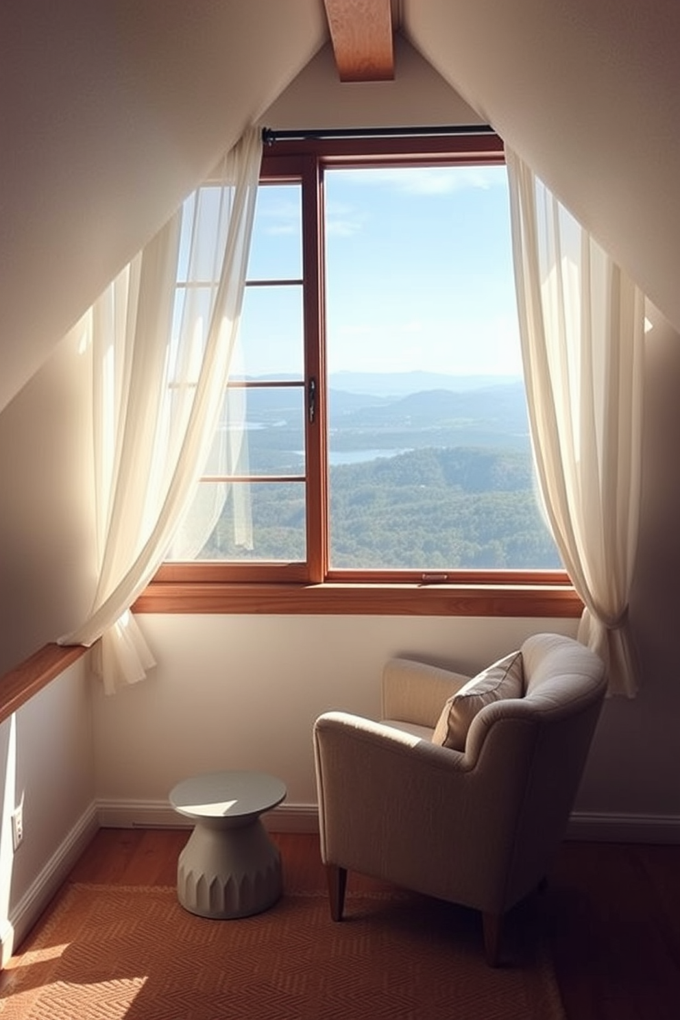 A cozy attic space with a large window framing breathtaking views of the surrounding landscape. The window features a wooden frame and is dressed with sheer white curtains that gently filter the sunlight. Inside, a comfortable reading nook is created with a plush armchair and a small side table positioned near the window. The walls are painted in a soft pastel hue, and the floor is adorned with a warm, textured rug that adds to the inviting atmosphere.