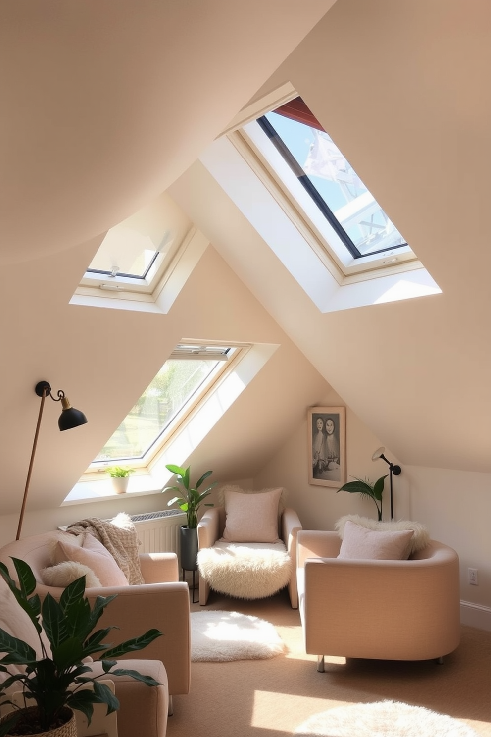 A cozy attic space featuring Velux windows that allow natural light to flood the room while providing easy ventilation. The design incorporates soft, neutral tones on the walls and plush furnishings to create a warm and inviting atmosphere. The attic showcases unique window designs that enhance the architectural character of the space. Decorative elements such as indoor plants and stylish lighting fixtures add a touch of elegance to the overall aesthetic.