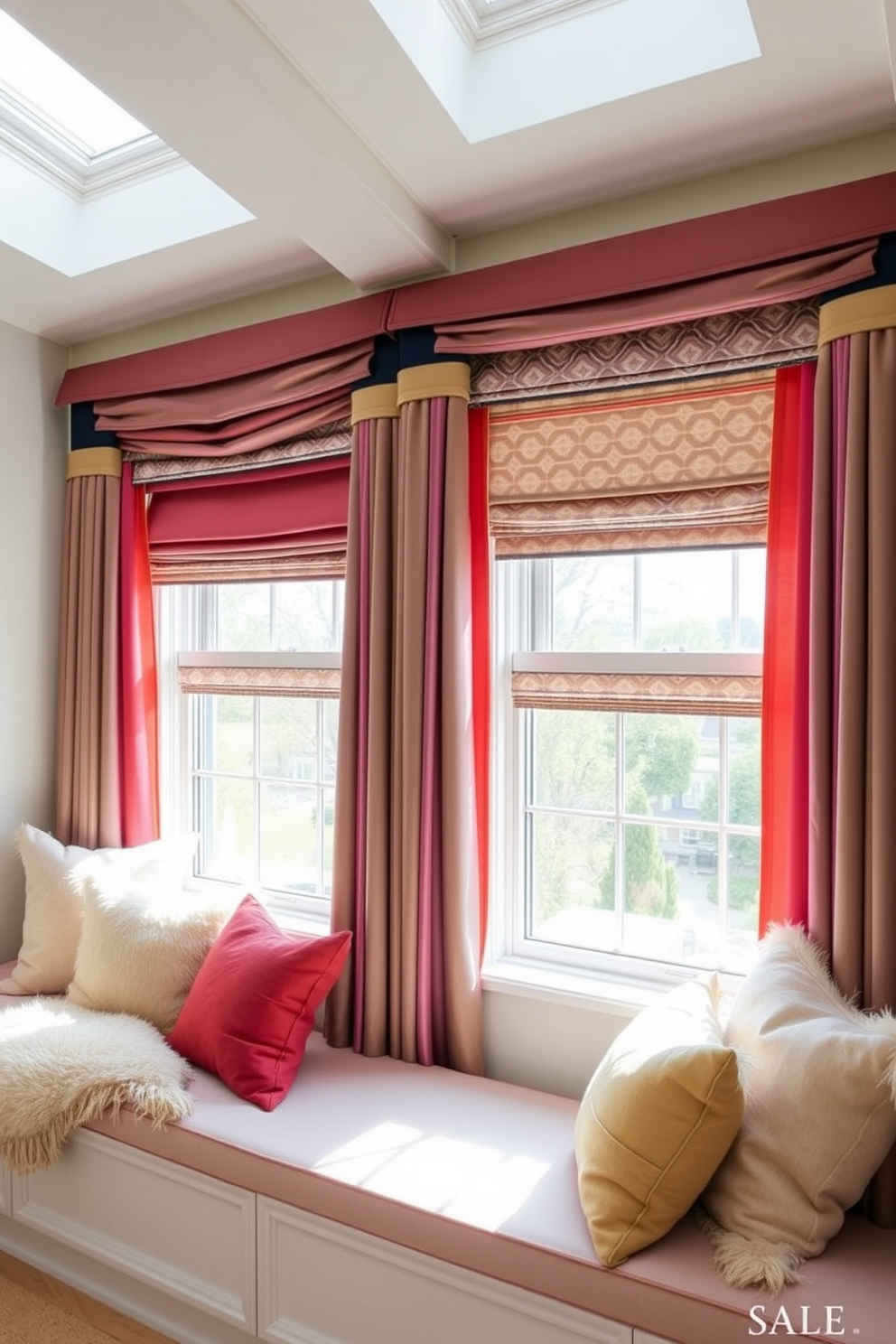 Artistic window treatments for bold style. Layered drapes in vibrant colors frame oversized windows, complemented by geometric patterned shades that add depth and interest. Attic window design ideas. Skylights bathe the space in natural light, while custom-built window seats create cozy nooks adorned with plush cushions and throws.