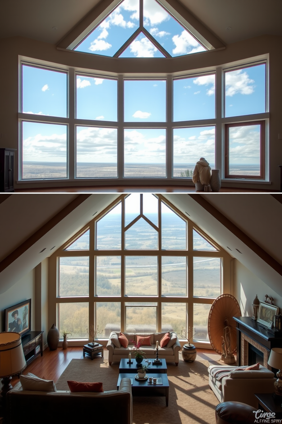 A spacious living room featuring floor-to-ceiling windows that provide panoramic views of the surrounding landscape. The natural light floods the space, highlighting the elegant furnishings and creating a warm and inviting atmosphere. An attic space transformed into a cozy retreat with unique window designs that frame the sky above. The windows are strategically placed to maximize light and offer stunning views, while the interior is adorned with soft textures and warm colors for comfort.