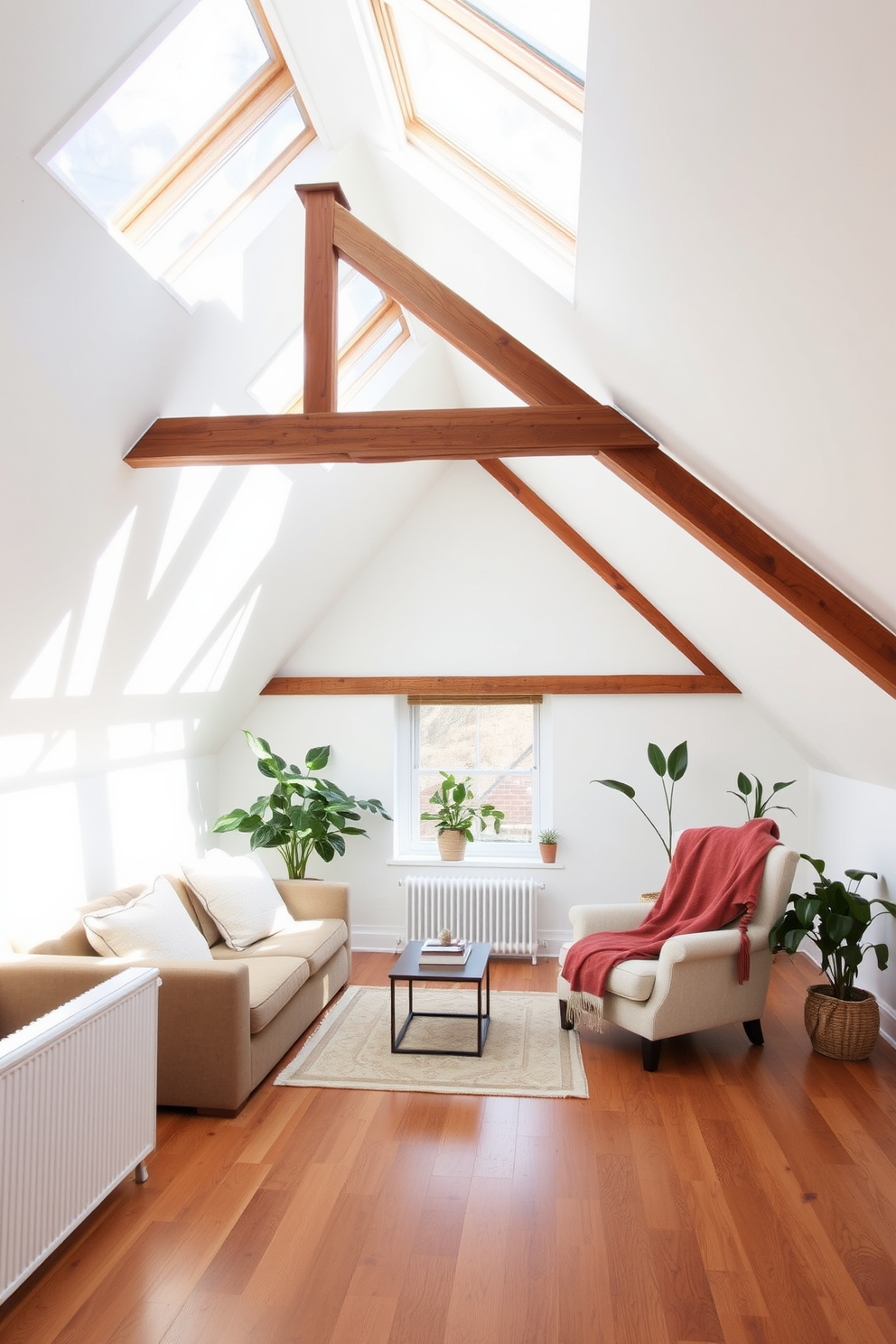 A spacious attic loft filled with natural light from large skylights. The room features exposed wooden beams and a cozy seating area with plush cushions and a small coffee table. The walls are painted in a soft white hue, enhancing the brightness of the space. A stylish reading nook is created by placing a comfortable armchair near the window, adorned with a warm throw blanket. The flooring is a rich hardwood that adds warmth to the overall design. Decorative plants are strategically placed to bring a touch of greenery and life to the loft.