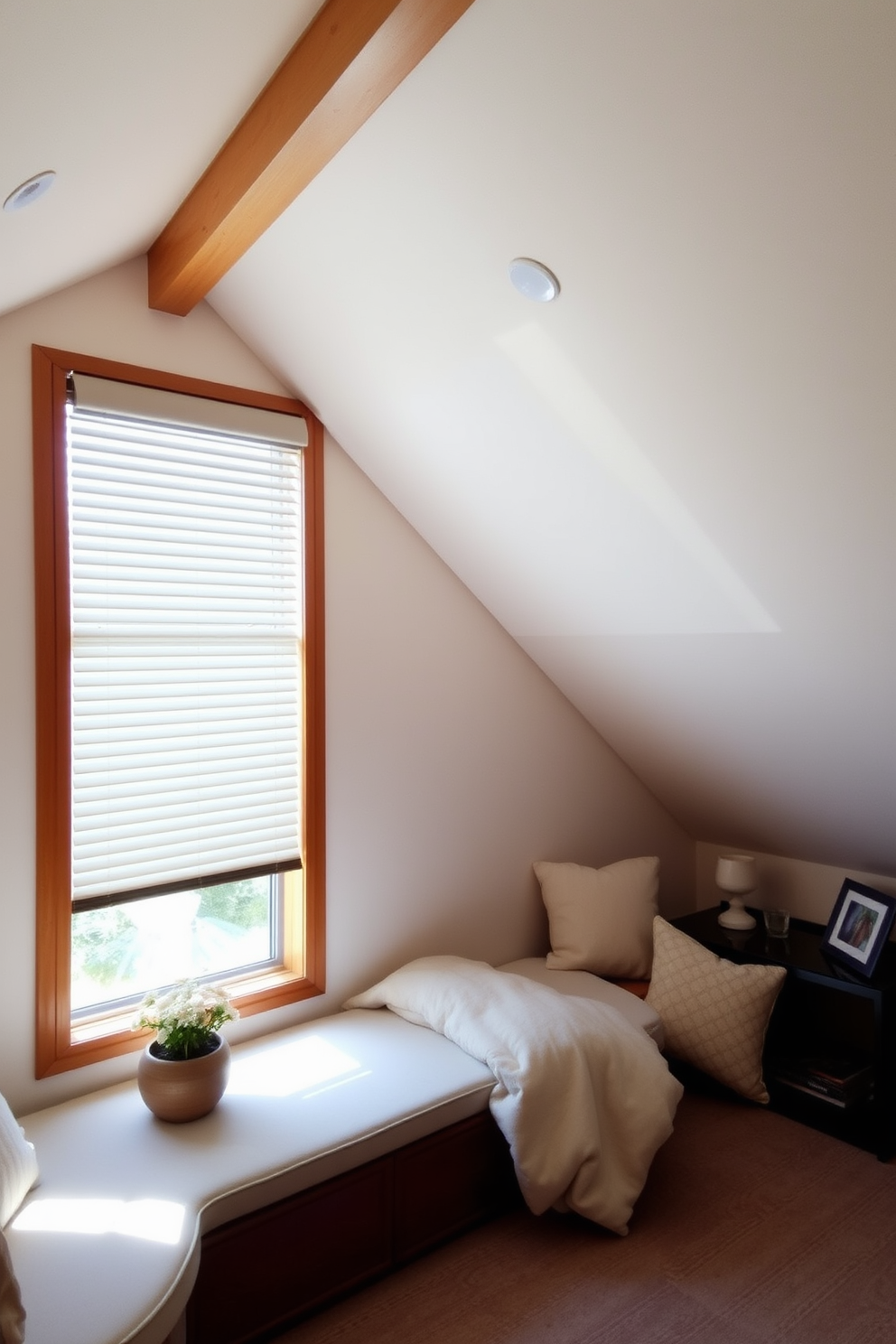 A cozy attic space featuring round windows that allow natural light to flood the room. The walls are adorned with soft, neutral colors, and the wooden beams create a warm and inviting atmosphere. The round windows offer a unique architectural interest, enhancing the character of the attic. Plush seating is arranged near the windows, providing a perfect nook for relaxation and enjoying the view.