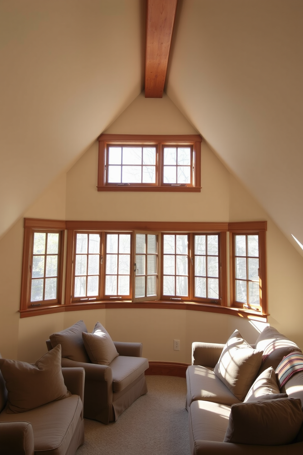 A cozy attic space features multi-pane windows that allow natural light to flood the room, enhancing its classic aesthetic. The windows are framed with elegant wooden trim, complementing the warm tones of the exposed beams above. The walls are painted in a soft cream color, creating a serene backdrop for the inviting atmosphere. Plush furnishings in muted earth tones are arranged to maximize comfort and style, making the attic a perfect retreat.