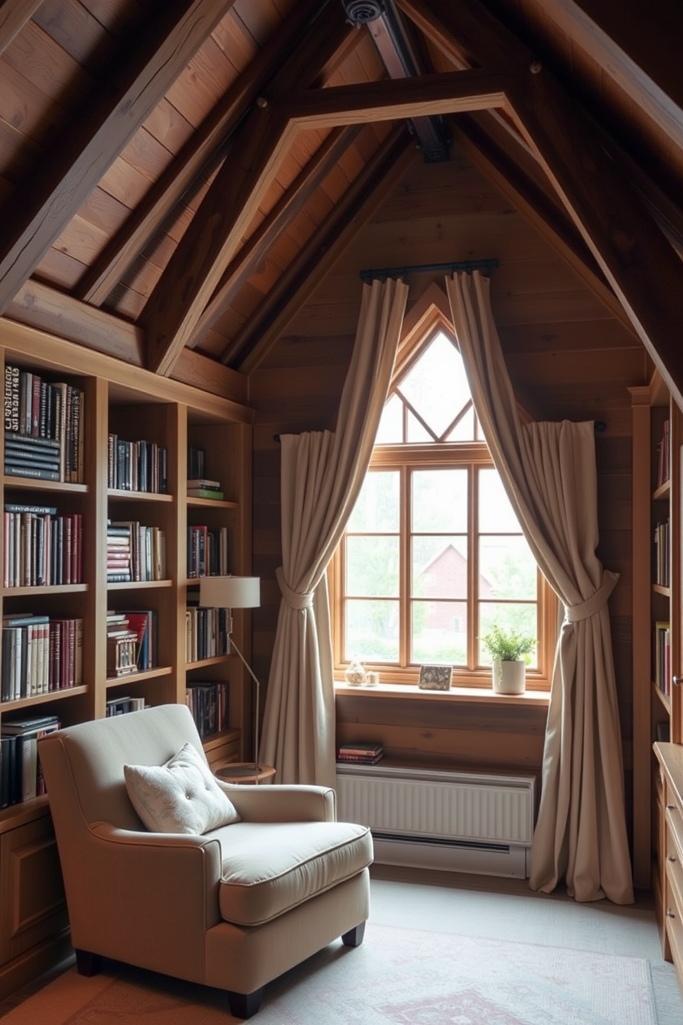 A cozy reading nook with built-in shelves features a plush armchair upholstered in soft fabric. The shelves are filled with an array of books and decorative items, creating a warm and inviting atmosphere. The attic window design ideas include a large, triangular window that floods the space with natural light. Soft curtains frame the window, complementing the rustic wooden beams and enhancing the cozy feel of the nook.