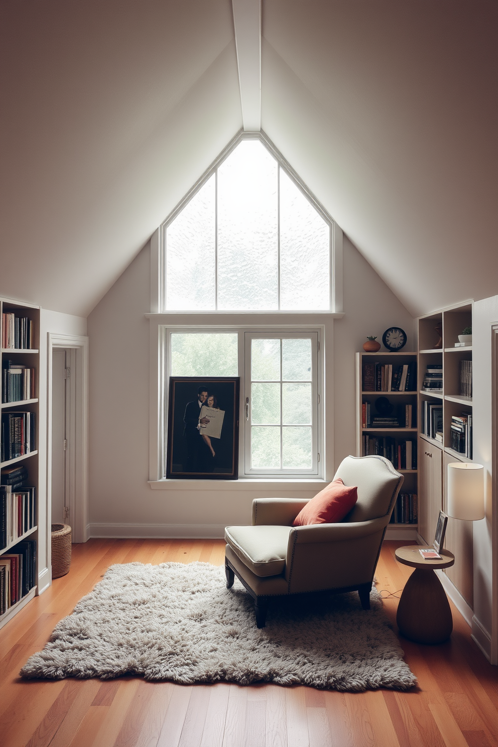 A cozy attic space featuring a large textured glass window that allows soft, diffused light to fill the room. The walls are painted in a warm white tone, and the floor is adorned with a plush area rug that adds comfort and style. In the corner, a comfortable reading nook is created with a vintage armchair and a small side table. Shelves filled with books and decorative items line the walls, enhancing the inviting atmosphere of the attic.