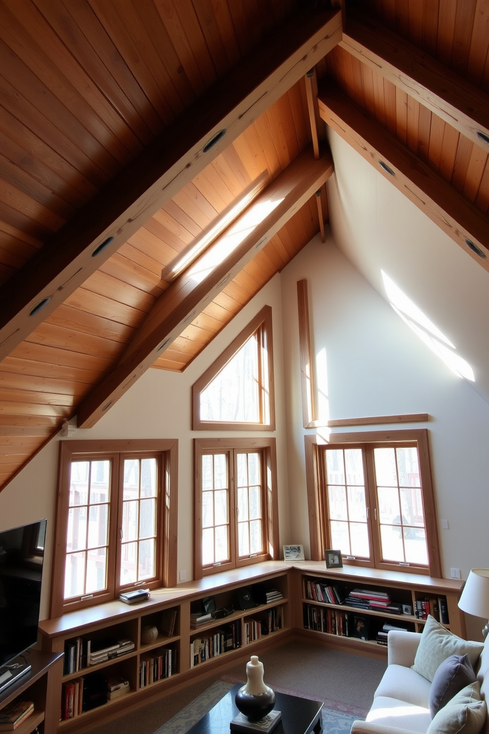 A cozy attic space featuring wooden beams that enhance the architectural beauty of the room. Large windows with rustic frames allow natural light to flood in, creating a warm and inviting atmosphere. The design incorporates built-in shelves beneath the sloped ceiling, showcasing books and decorative items. Soft, neutral colors on the walls and furnishings create a harmonious balance with the wooden elements.