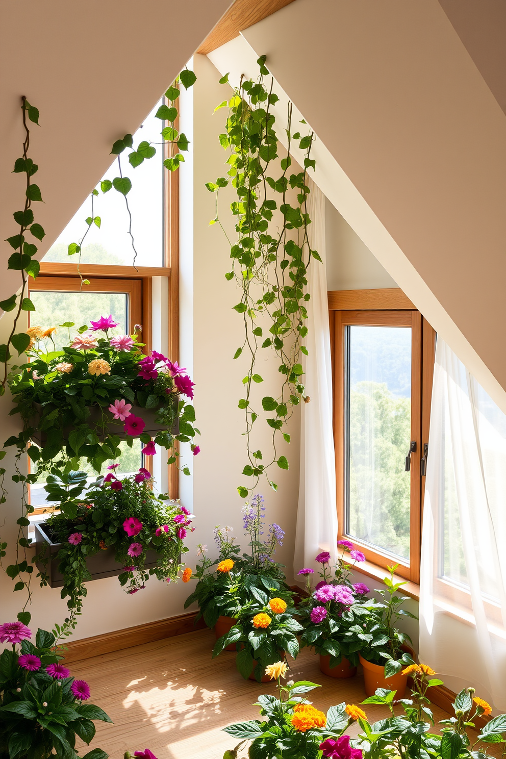 A serene attic garden filled with lush greenery and vibrant flowers. Window planters adorned with cascading vines and colorful blooms frame the large attic windows, creating a tranquil escape. Stylish attic windows designed to maximize natural light and provide stunning views. The windows feature sleek wooden frames and are complemented by soft, flowing curtains that add a touch of elegance.