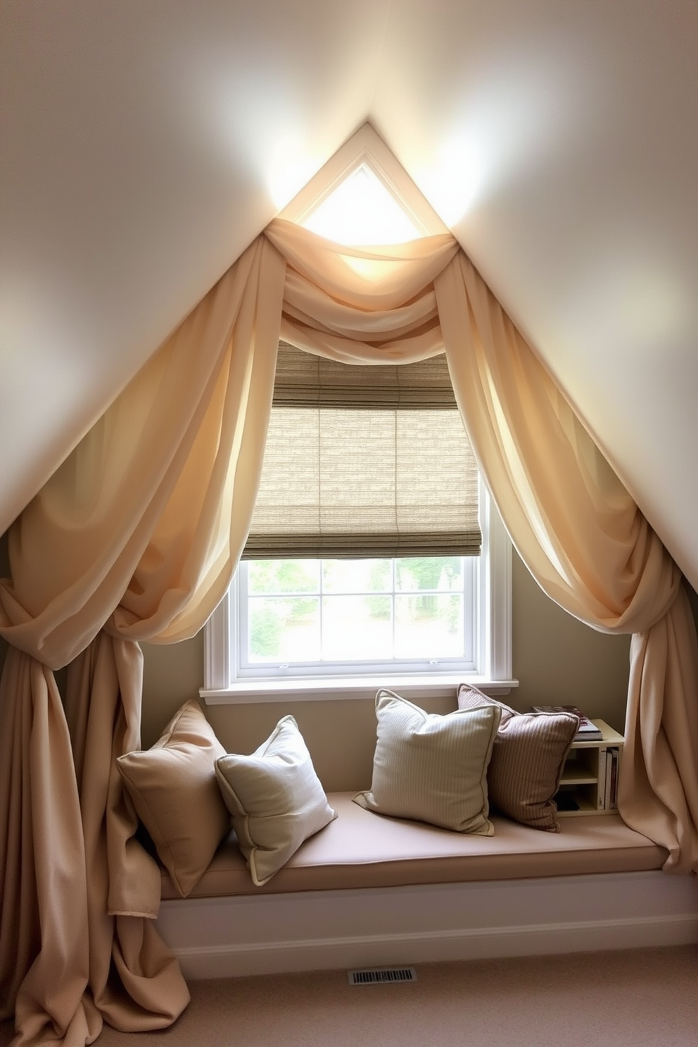 Layered drapes in soft fabrics create an inviting atmosphere in a cozy attic space. The drapes feature a combination of sheer and opaque materials, allowing natural light to filter through while providing privacy. The attic window design incorporates a unique shape that enhances the architectural interest of the room. A built-in window seat beneath the window offers a perfect spot for relaxation, adorned with plush cushions and a small bookshelf.