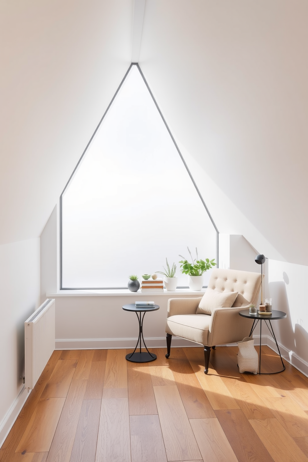 A sleek attic space featuring a large frosted glass window that allows natural light to filter in softly. The walls are painted in a crisp white, and the floor is adorned with warm wooden planks, creating a cozy yet modern atmosphere. In the corner, a stylish reading nook is set up with a plush armchair and a small side table. Decorative plants are placed on the windowsill, adding a touch of greenery to the elegant design.