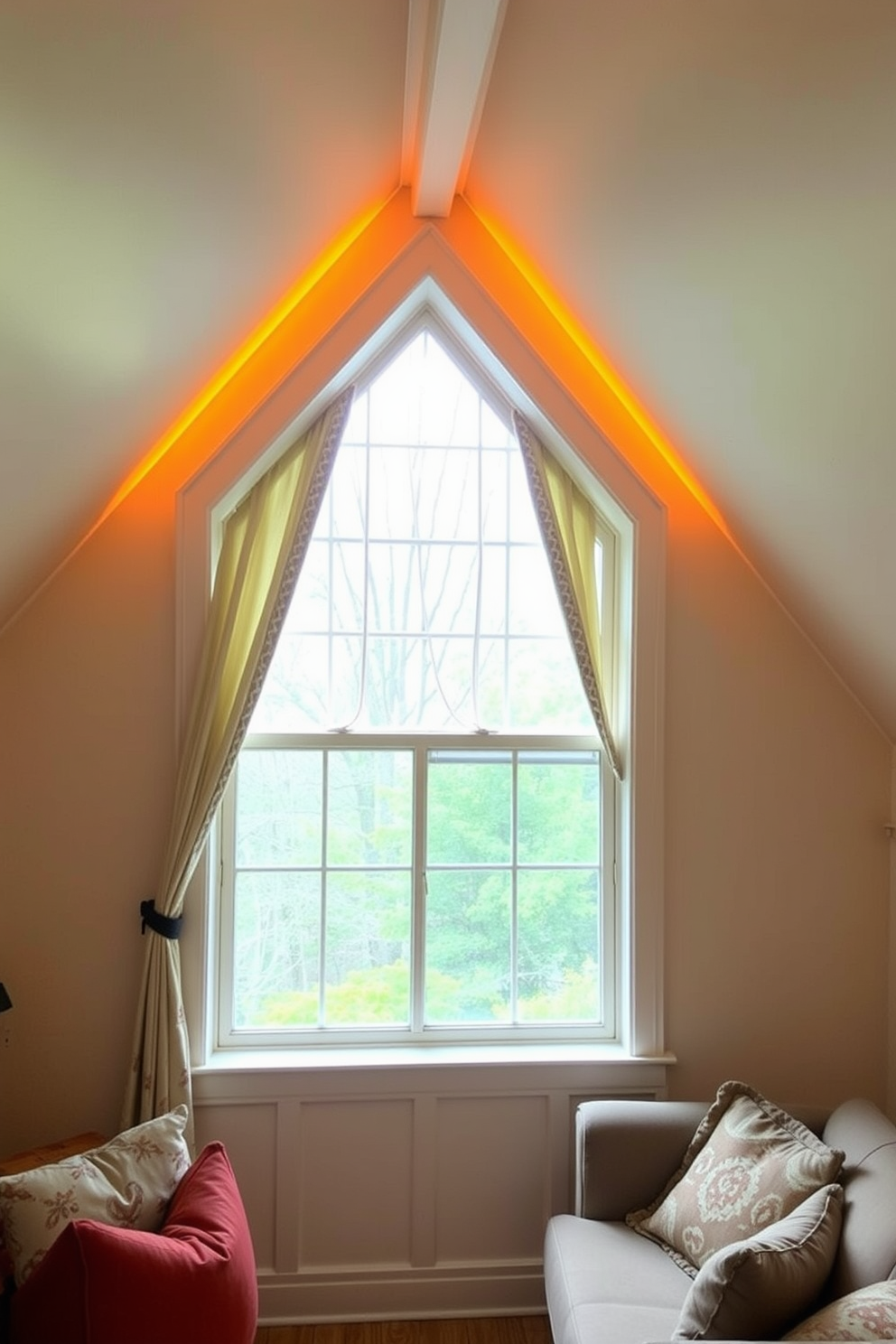 A cozy attic space with a large window allowing natural light to flood in. Soft accent lighting frames the window, creating a warm and inviting atmosphere. The window features decorative drapes that complement the room's color palette. Comfortable seating is arranged nearby, providing a perfect nook for relaxation and reading.