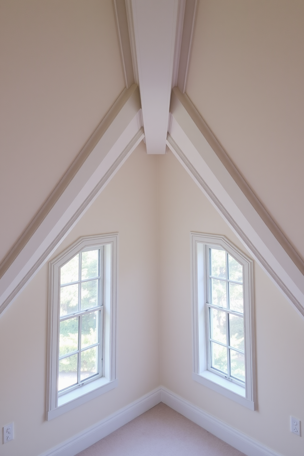 A cozy attic space featuring architectural moldings framing the windows. The design includes a blend of natural light and soft pastel colors to create an inviting atmosphere.